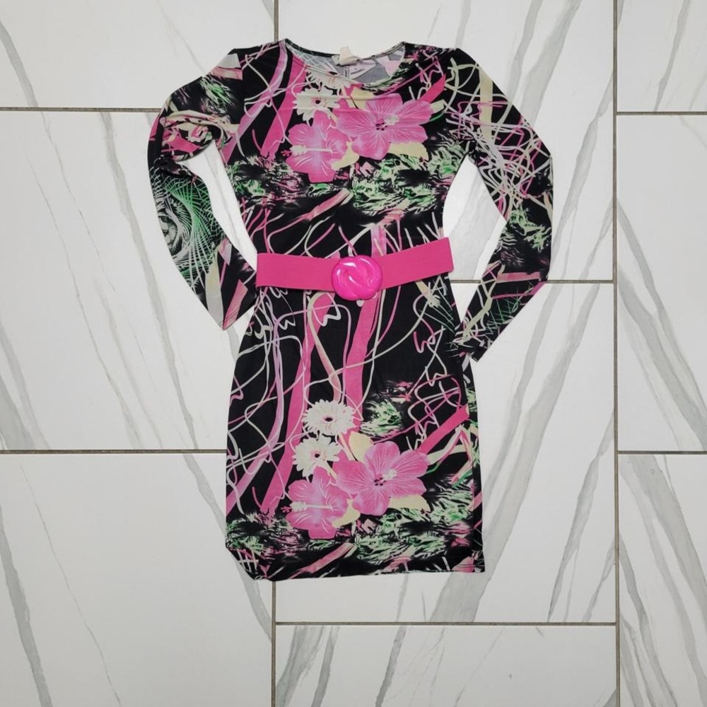 Vintage y2k bodycon hot pink barbiecore tropical style mini dress xs